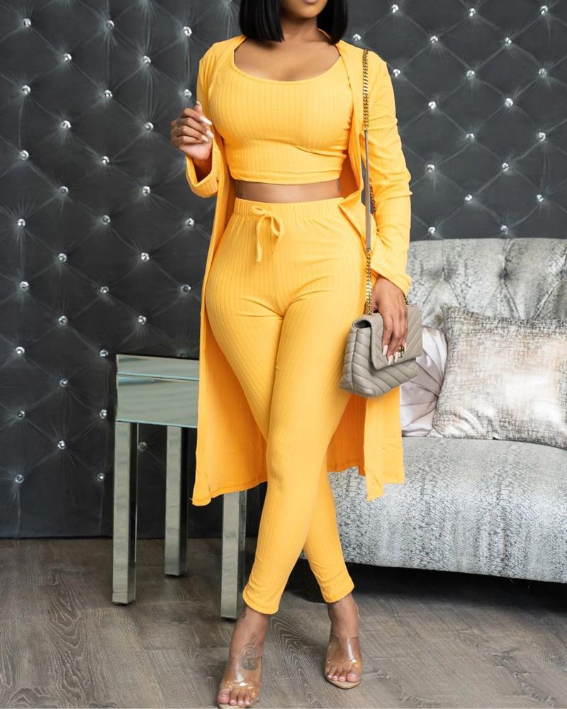 

3PCS Ribbed Crop Top & Pants Set With Longline Coat, Yellow
