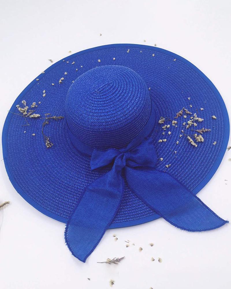 

Bowknot Decor Wide Brim Straw Hat, Blue