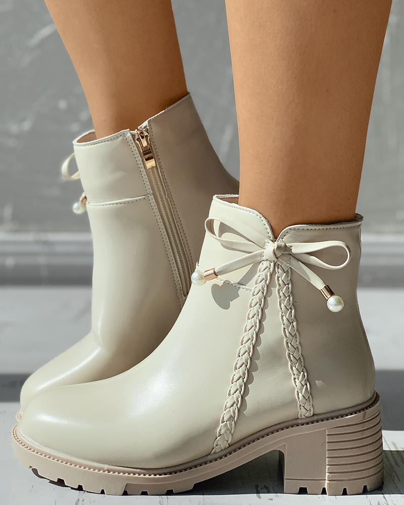 

Bowknot Design Side Zip Chunky Ankle Boots, Beige