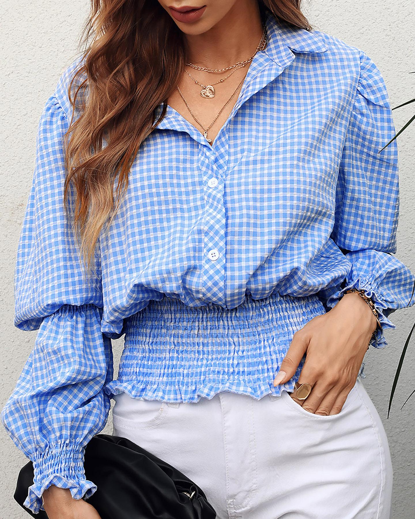 

Lantern Sleeve Shirring Detail Plaid Shirt, Blue