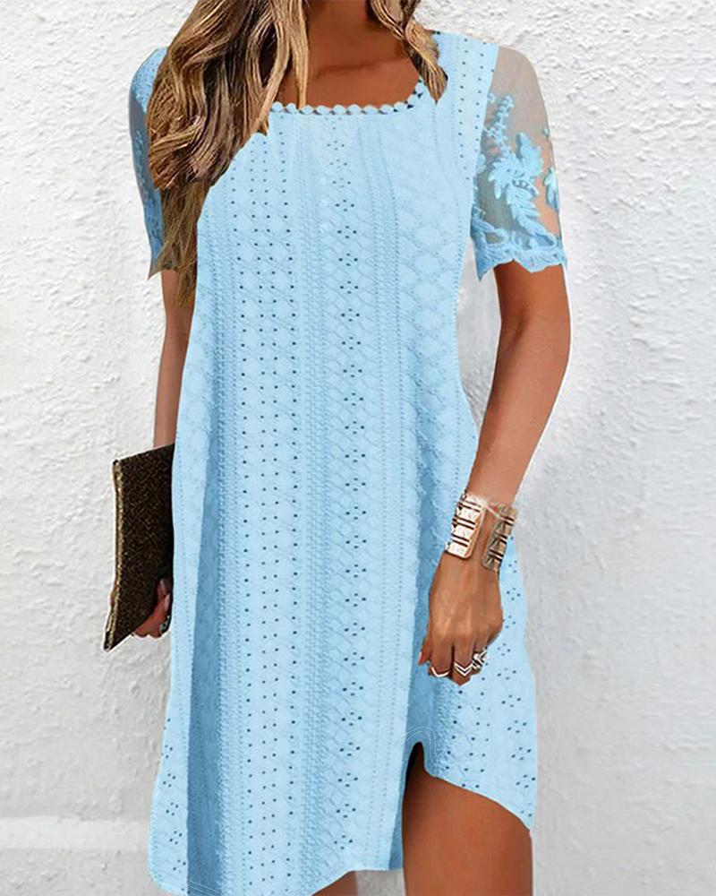 

Lace Patch Eyelet Embroidery Casual Dress, Blue