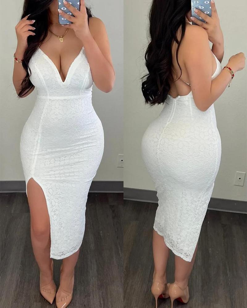 

Halter Backless Split Hem Lace Dress, White