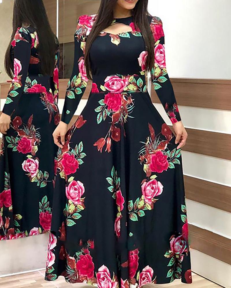 

Long Sleeve Floral Printed Dress, Hot pink