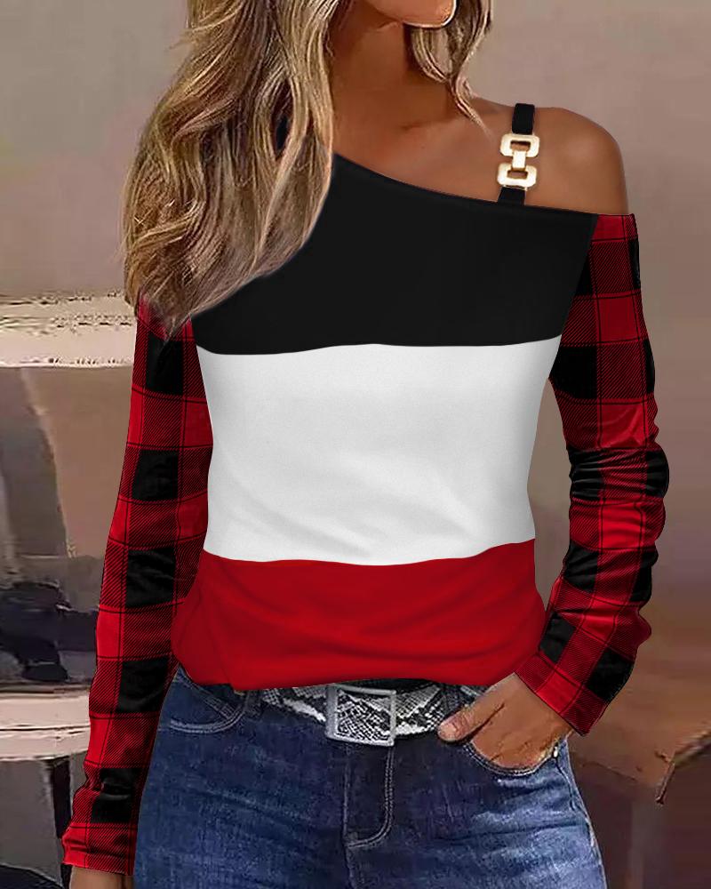 

Colorblock Plaid Print Cold Shoulder Long Sleeve Top, Red