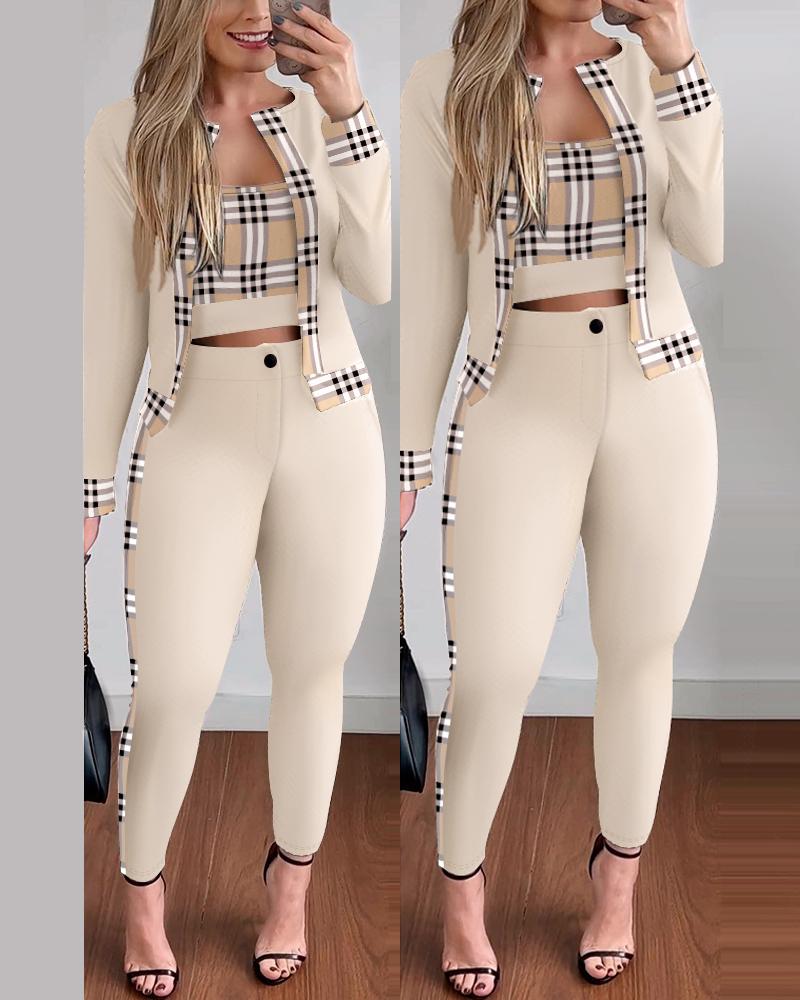 3PCS Plaid Print Crop Top & Pants Set With Coat