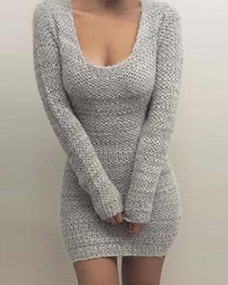 

Solid Long Sleeve Knit Bodycon Dress, Gray