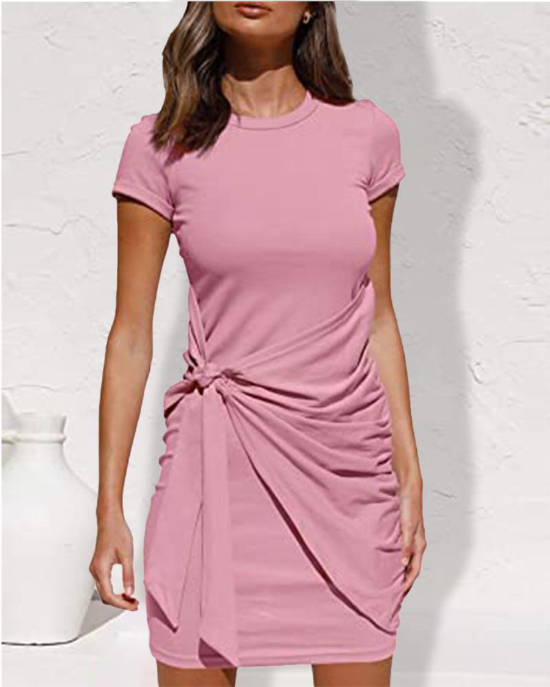 

Short Sleeve Tied Detail Casual Dress, Pink