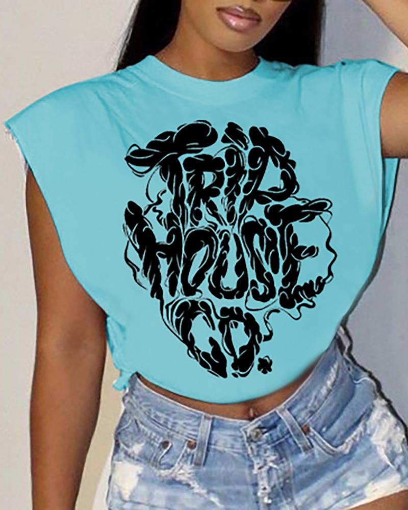 

Letter Print O-Neck T-shirt, Lighted blue