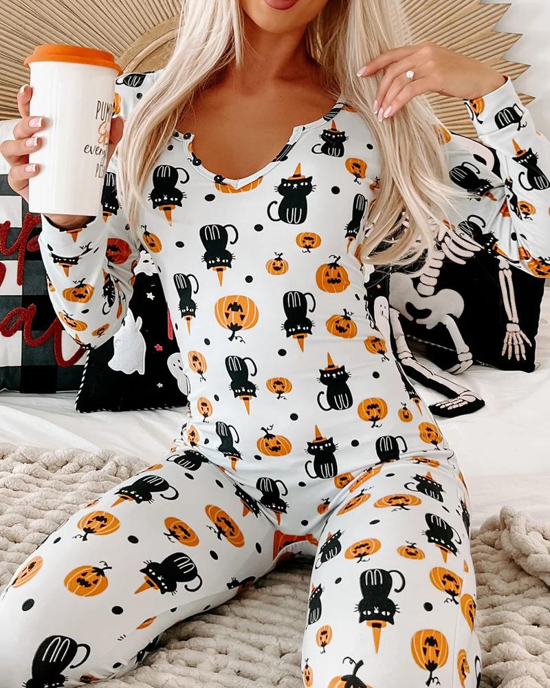 

Halloween Pumpkin Cat Print Long Sleeve Adult Onesie, White