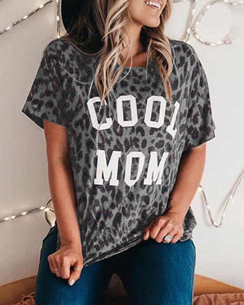 

Leoprad Letter Print Short Sleeve Loose T-shirts, Gray