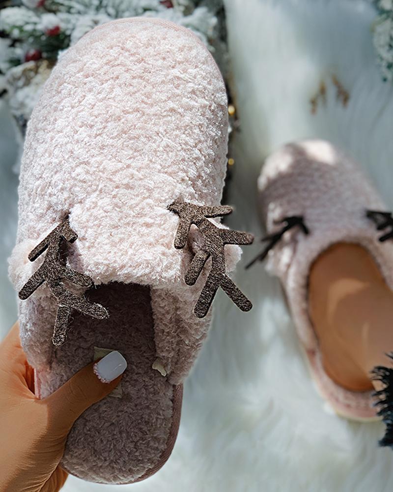 

Moose Pattern Fluffy Slippers, Pink
