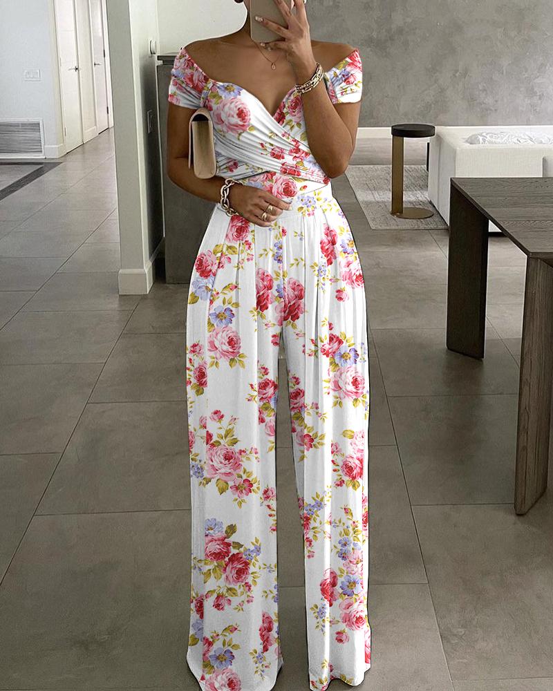 

Off Shoulder Floral Print Long Jumpsuit, White