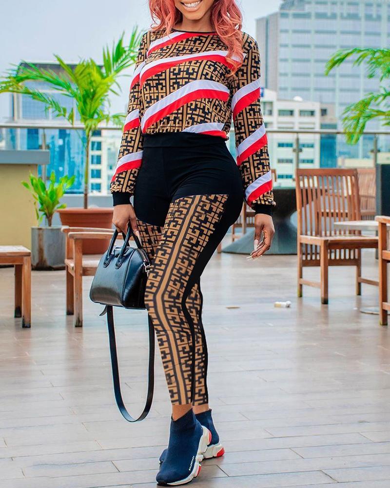 

Striped Graphic Print Colorblock Top & Pants Set, Red