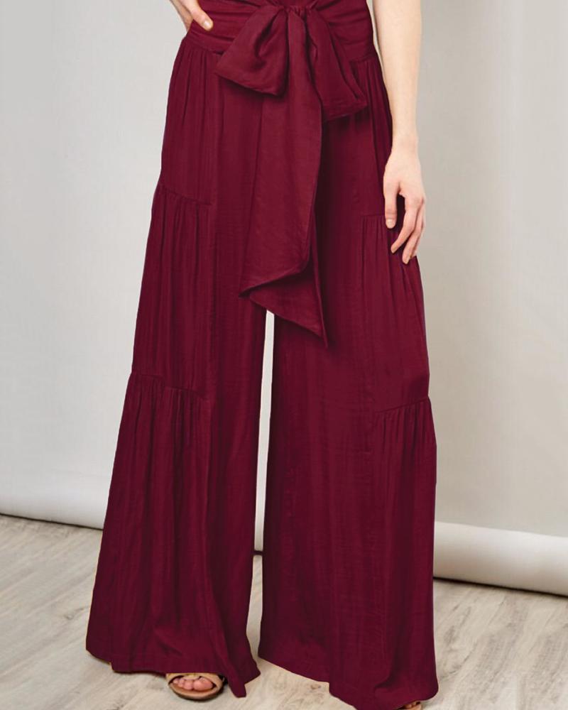 

High Waist Ruched Tied Detail Wide Leg Pants, Wine red