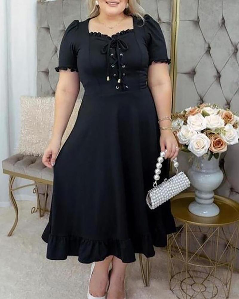 

Plus Size Eyelet Lace-up Bell Sleeve Ruffles Casual Dress, Black
