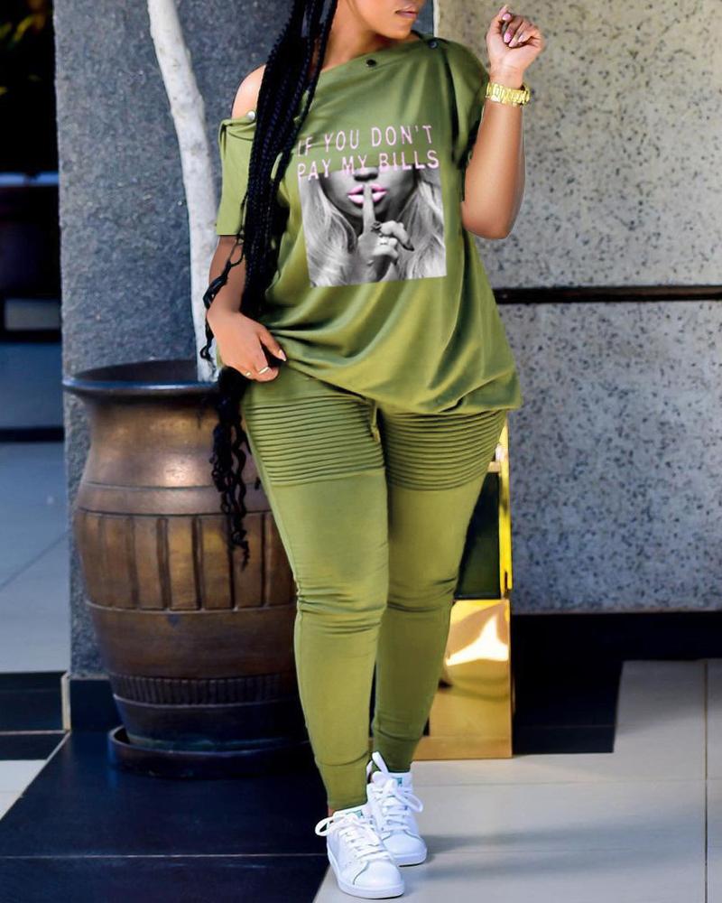 

Slogan Print Casual Top & Pants Set, Green