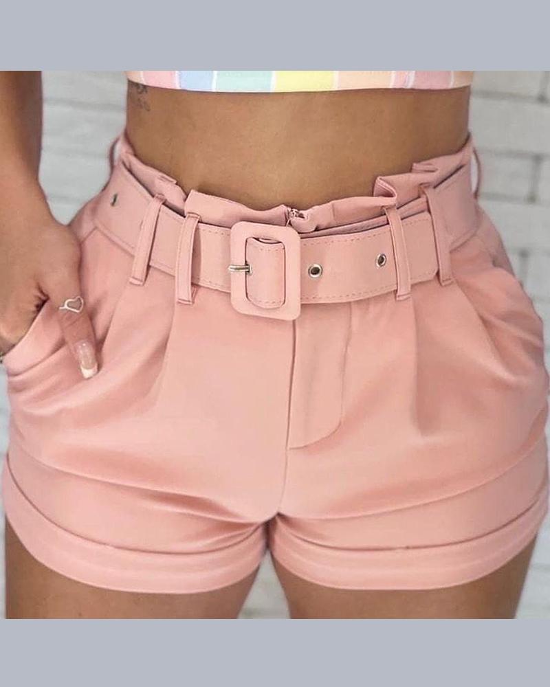 

Ruched Pocket Design Shorts With Belt, Pink