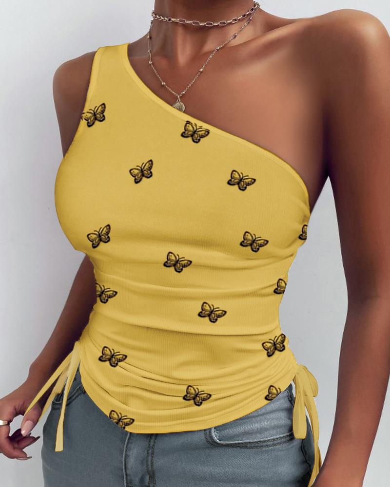 

One Shoulder Butterfly Print Drawstring Top, Yellow