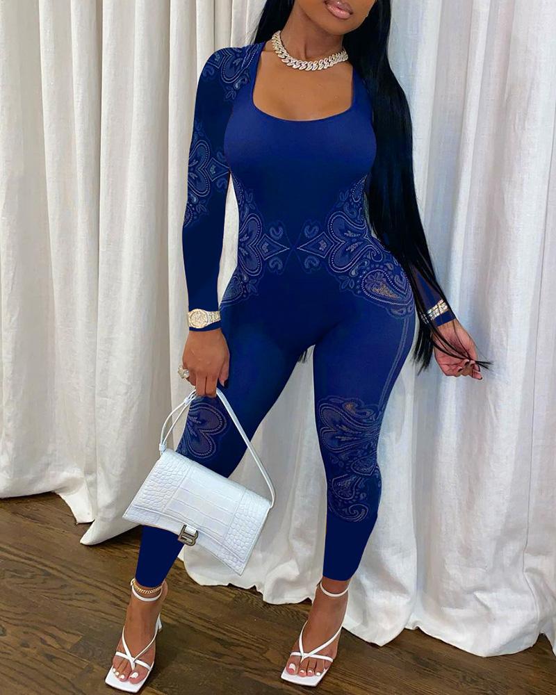 

Paisley Print U Neck Long Sleeve Skinny Jumpsuit, Blue