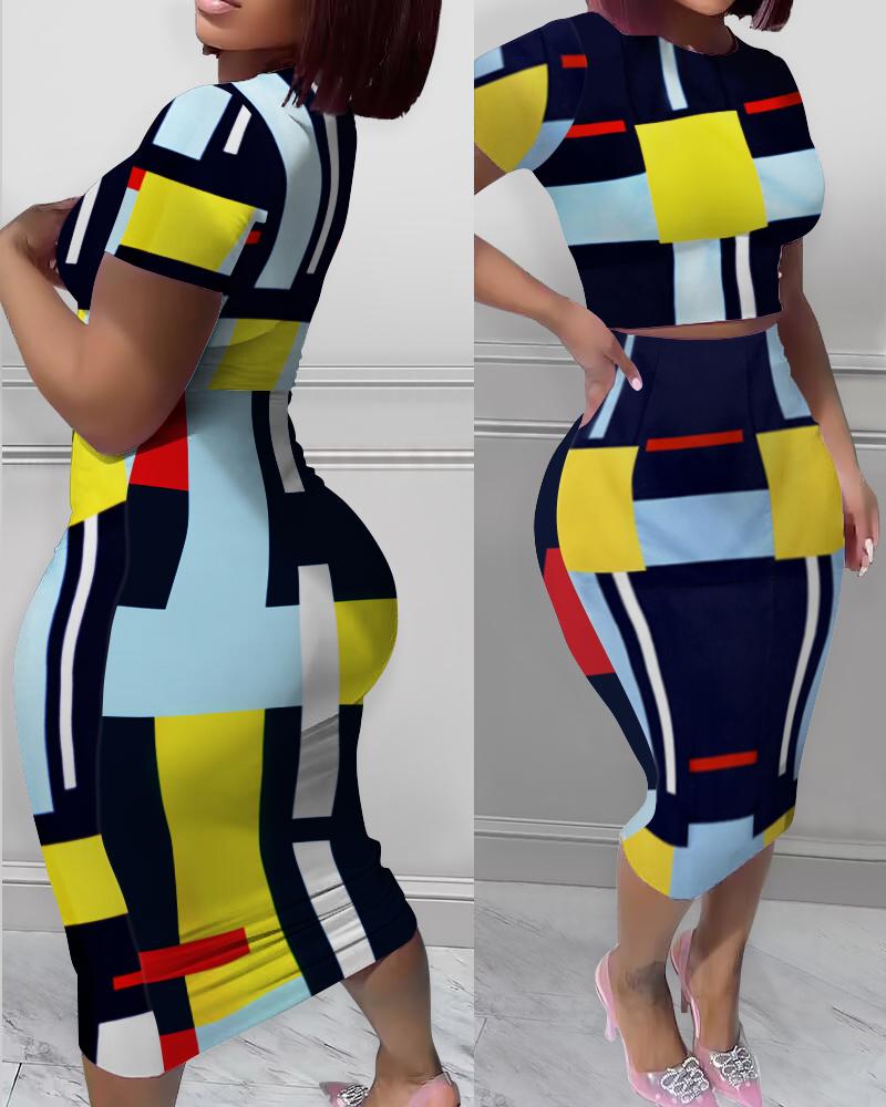 

Geometric Print Top & High Waist Skirt Set, Purplish blue