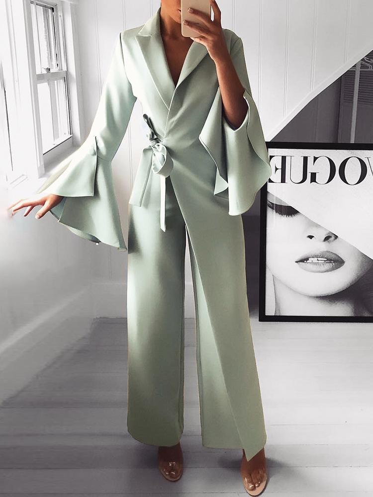 

Irregular Flared Sleeve Knot Side Wide Leg Jumpsuit, Light green
