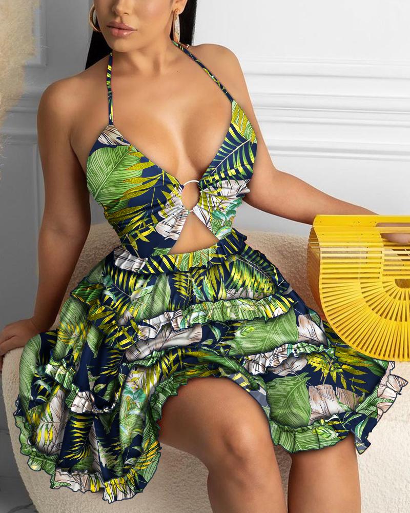 

O-Ring Halter Backless Frill Hem Tropical Print Dress, Dark blue