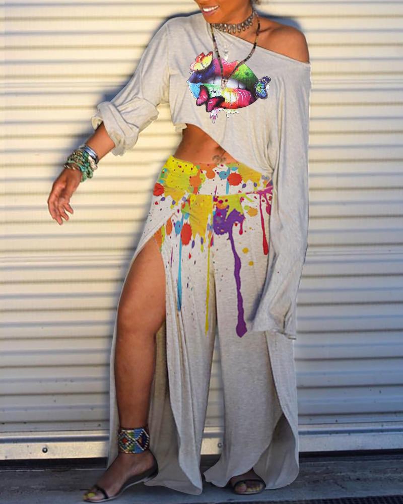 

Printed Floral Cold Shoulder Blouse & Slit Pant Set, Gray