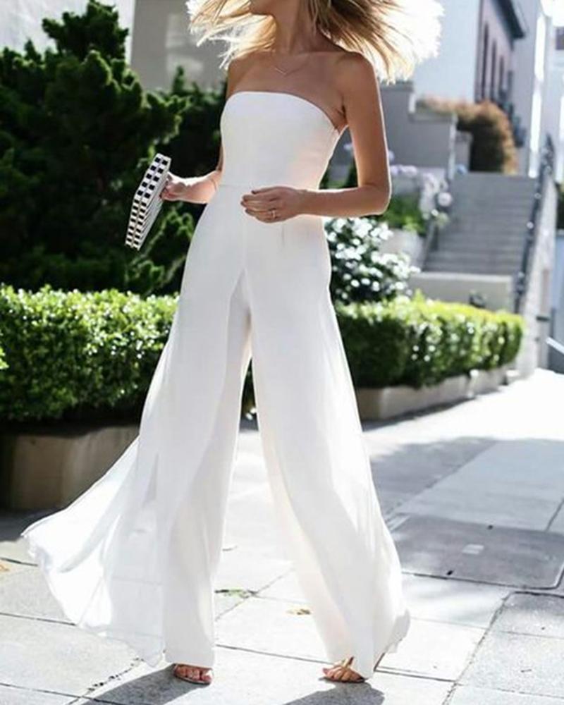 

Solid Color Off Shoulder Sleeveless Chiffon Jumpsuits, White