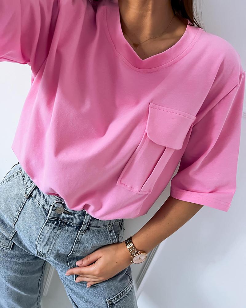 

Pocket Design Round Neck T-shirt, Hot pink