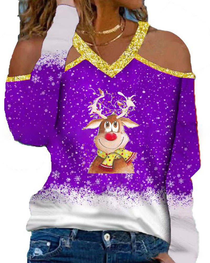 

Christmas Snowflake Cartoon Elk Print Cold Shoulder Top, Purple