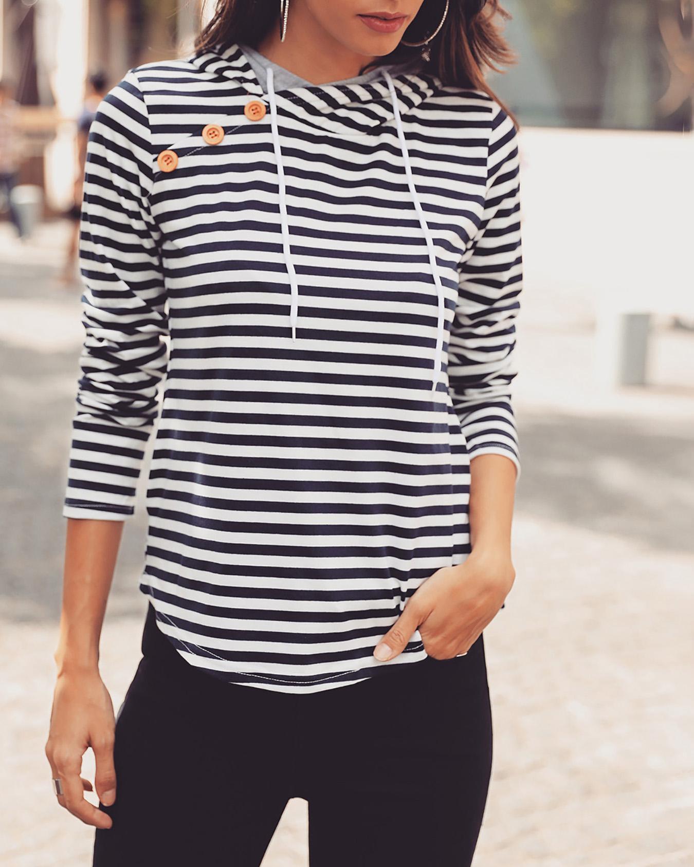 

Striped Long Sleeve Hooded Button Blouse, Blue