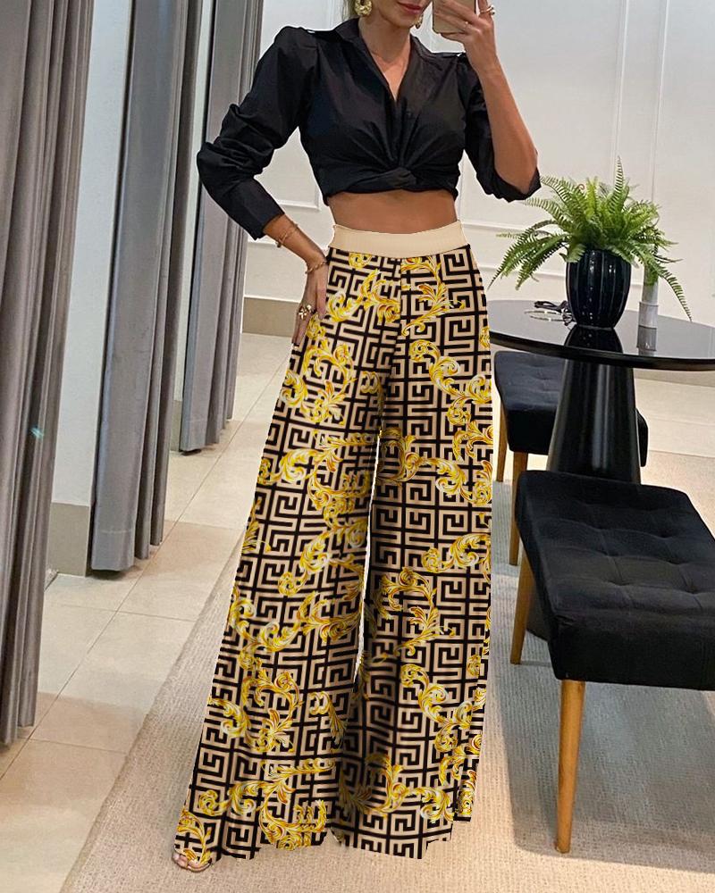 

Baroque Geo Print High Waist Wide Leg Pants, Yellow