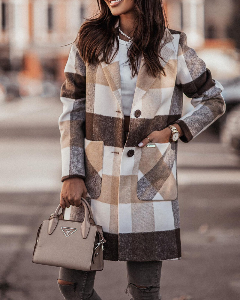 

Plaid Print Lapel Collar Long Sleeve Coat, Khaki