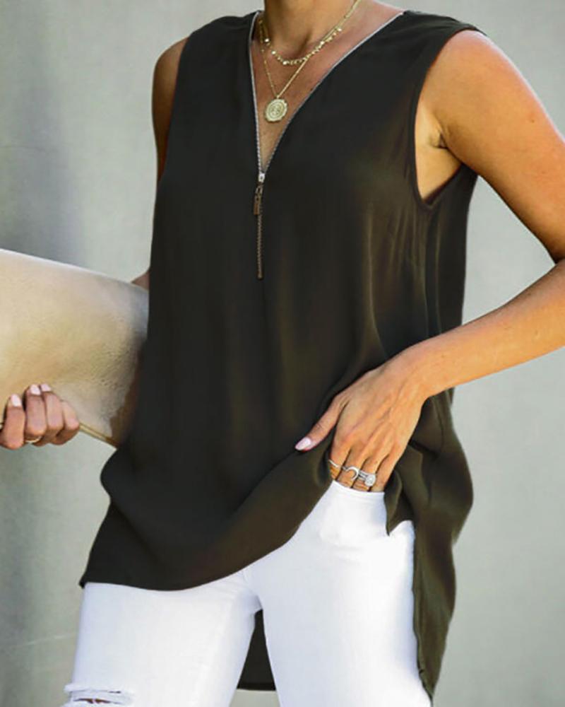 

Sleeveless Zipper Front Bandage Back Slit Top, Black