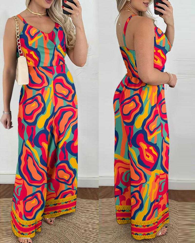 

Multi-Color Abstract Print Wide Leg Jumpsuit, Orange