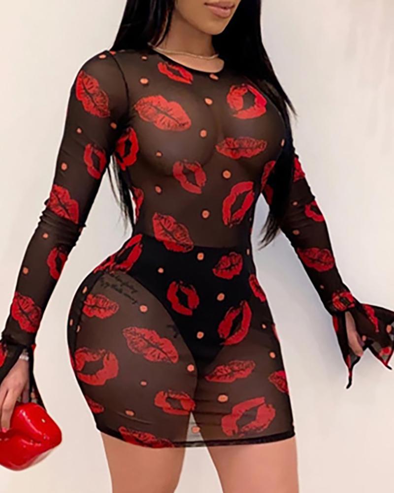 

Lip Print Sheer Mesh Long Sleeve Bodycon Dress, Black