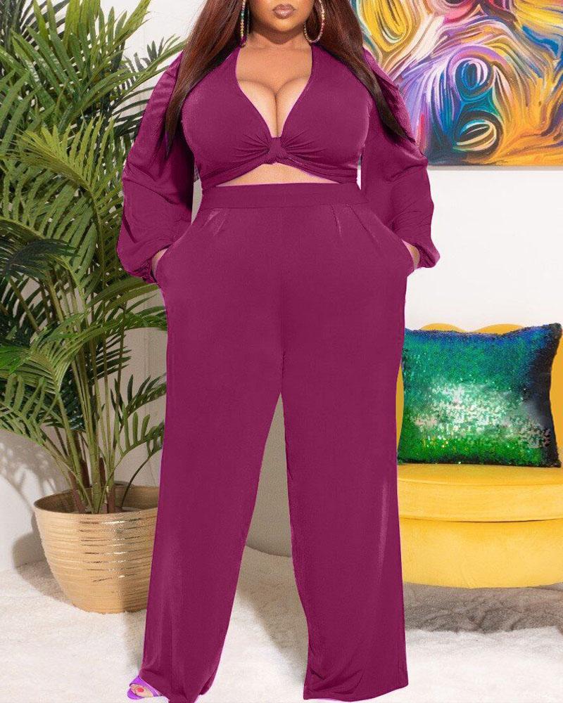 

Plus Size Tied Detail Lantern Sleeve Crop Top & Pants Set, Purple