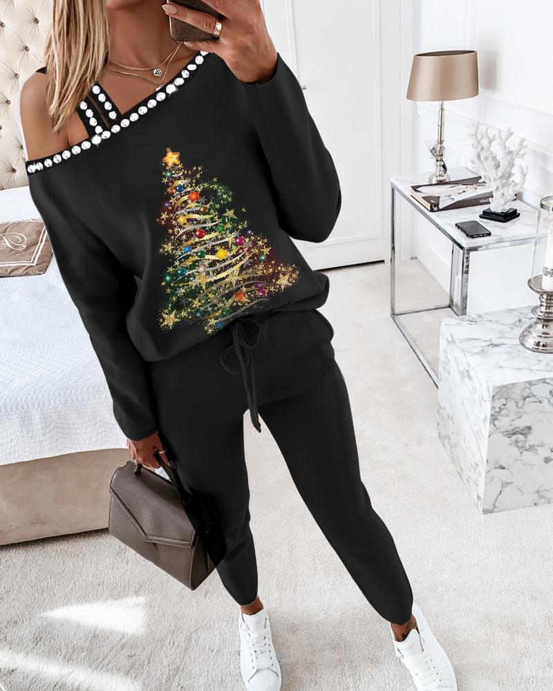 

Christmas Tree Print Rhinestone Cold Shoulder Top & Pants Set, Black