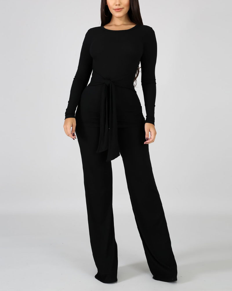 

Ribbed Long Sleeve Tie Front Top & Bootcut Pants Set, Black