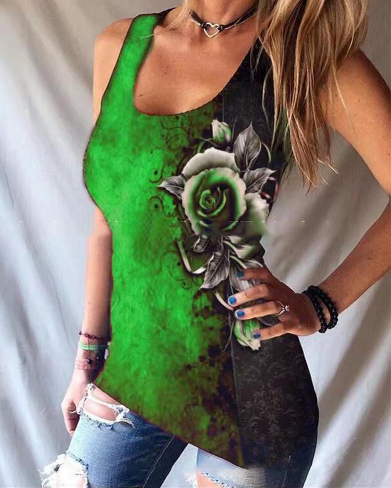 

Rose Print Sleeveless Loose Tank, Green