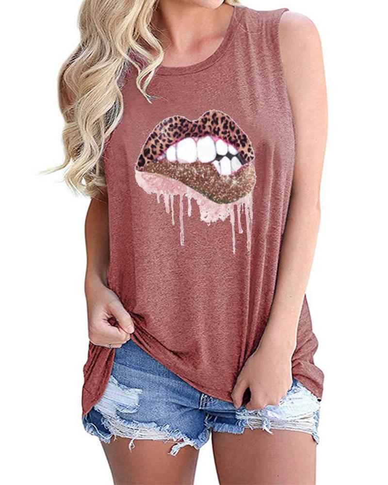 

Women' Casual Tee Leopard Lip Print Sleeveless Tank Top, Pink