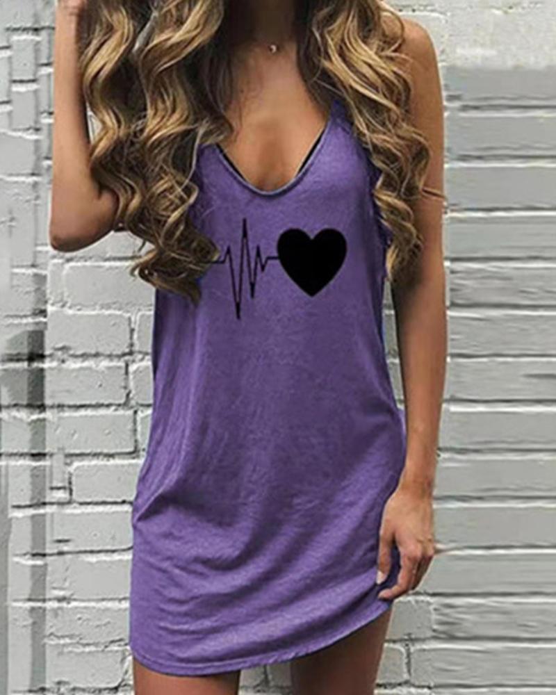 

Heart Print Sleeveless Loose Mini Dress, Purple