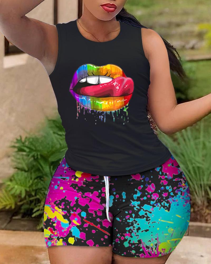 

Plus Size Lip Print Casual Tank Top & Ink Splash Shorts Set, Black