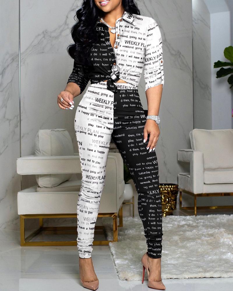 

Letter Print Colorblock Knot Front Buttoned Top & High Waist Pants Set, Black&white