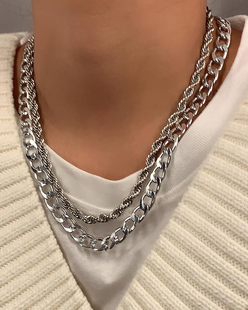 

2pcs Twisted Multi-layer Chain Necklaces Set, Silver