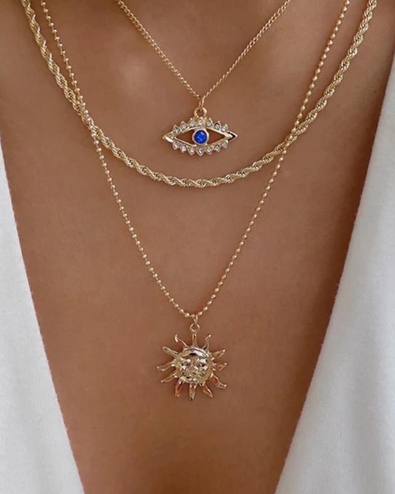 

3pcs Sun Evil Eye Pendant Rhinestone Chain Necklace, Gold