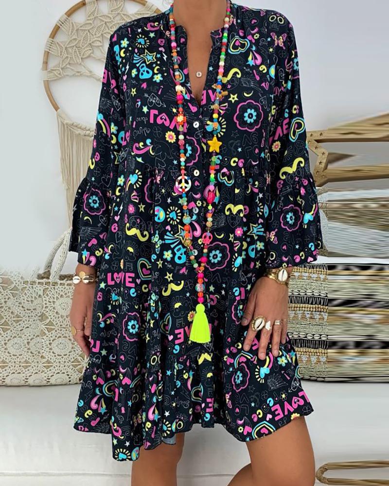 

Floral Cartoon Print Buttoned Ruffles Dress, Black