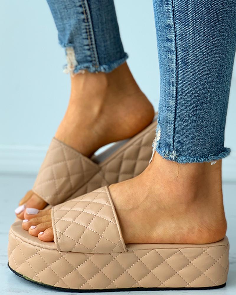 

Quilted Open Toe Platform Flat Sandals, Apricot