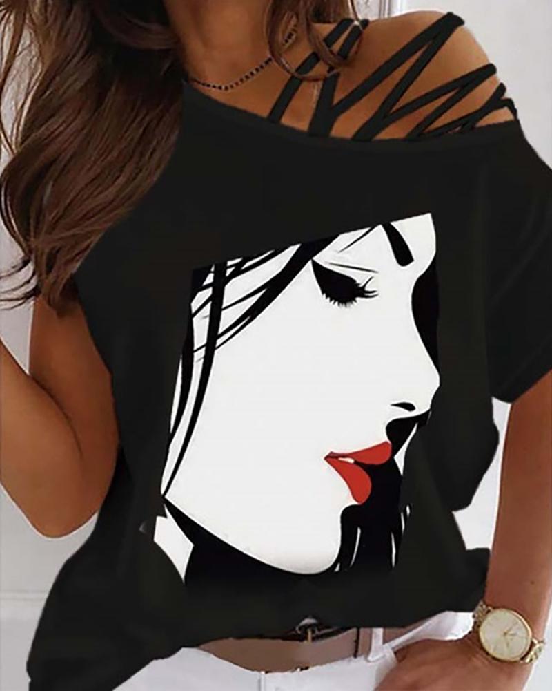 

Figure Print Cold Shoulder T-shirt, Black