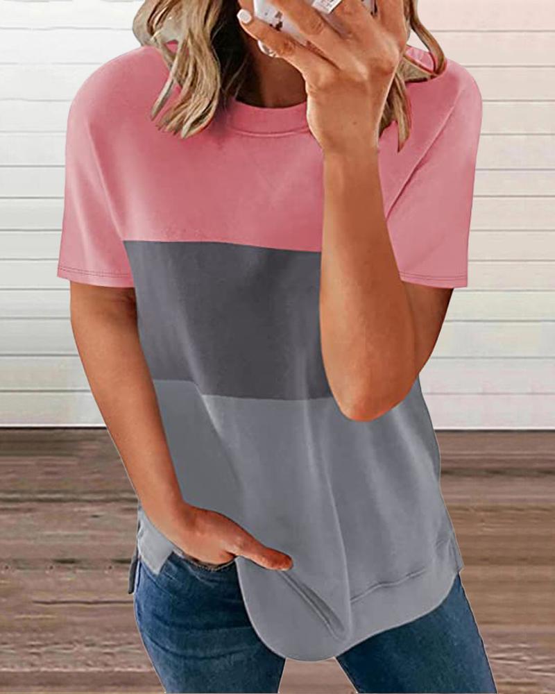 

Striped Colorblock Round Neck Short Sleeve T-Shirt, Pink